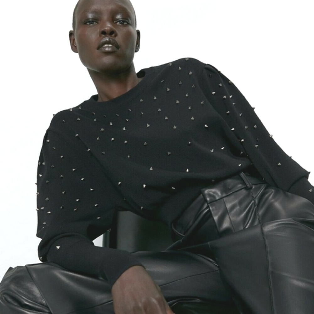 Zara studded spike knit sweater balloon sleeves